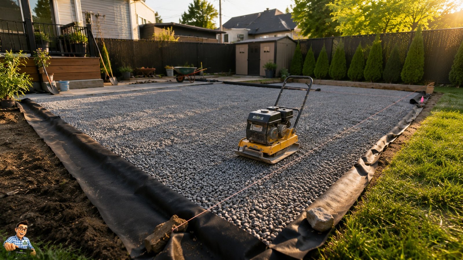Préparation du sol pour gazon synthétique : base de pierre compactée