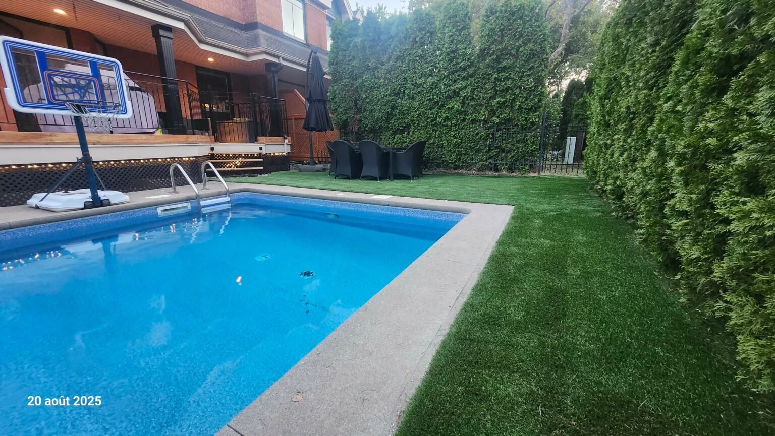 Bande de gazon synthétique entre une piscine creusée et une haie de cèdres